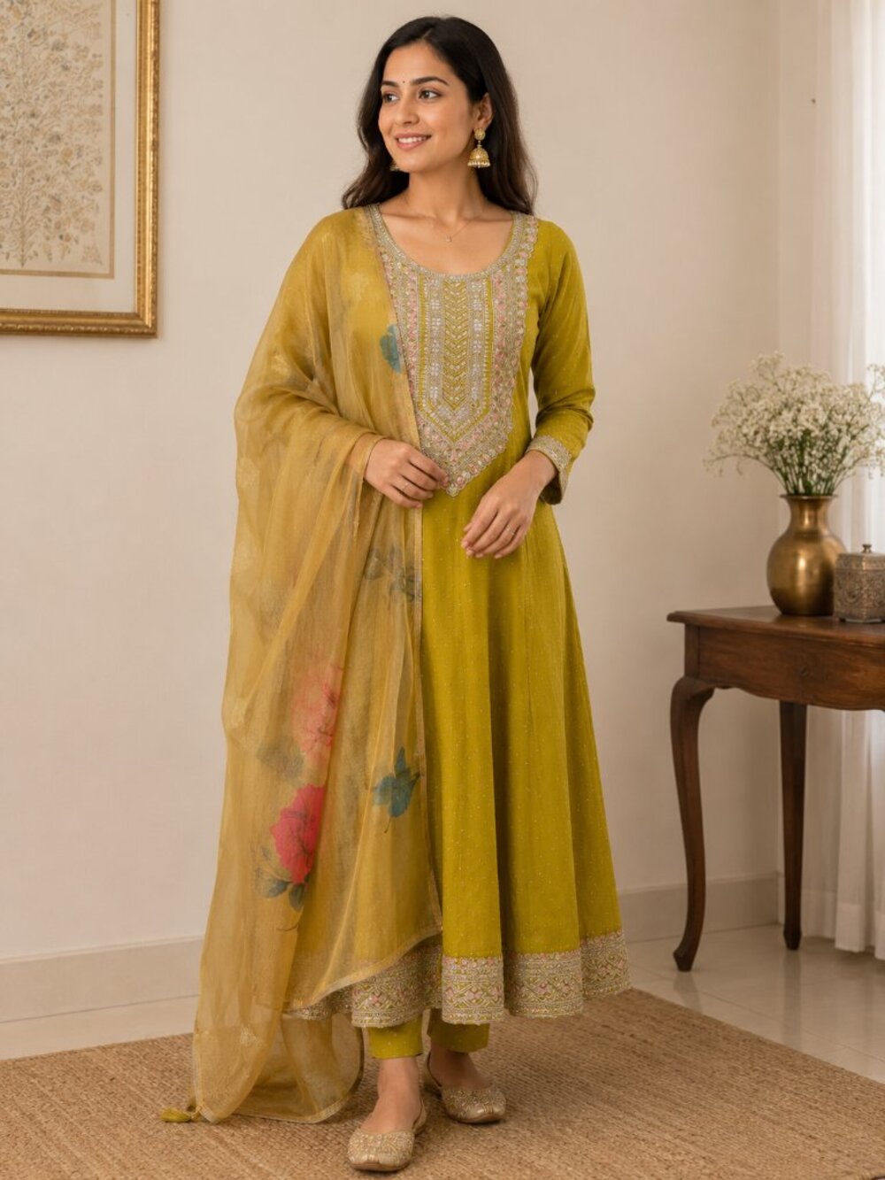 Mustard Yellow Embroidered Anarkali Suit Set with Floral Dupatta
